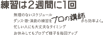 練習は2週間に1回 無理のないスケジュール ダンス・歌・演劇の練習をプロの講師から効率よく。忙しい人にも大丈夫なタイミングお休みしてもプログで様子を毎回アップ